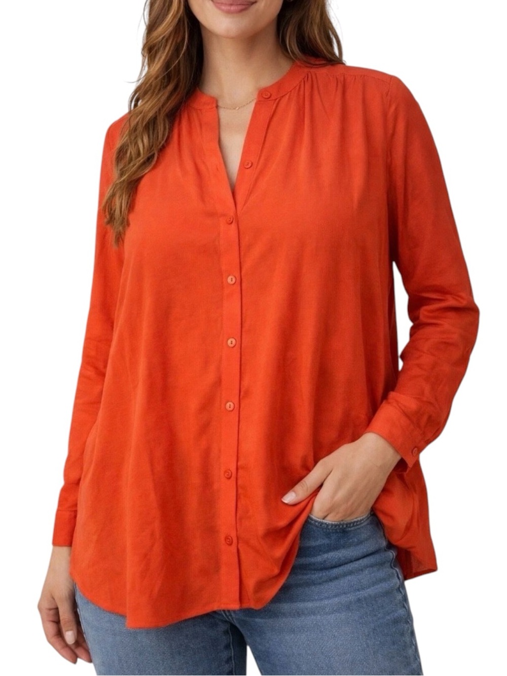 Eileen Fisher 100% silk red orange button up long sleeve top size Large